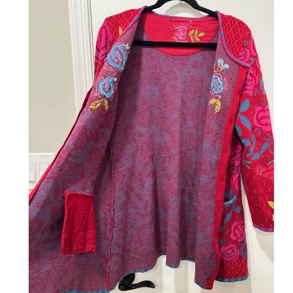 Gudrun Sjoden Roses Embroidered Button Front Cardigan Red Pink Floral‎ SM/Medium - Picture 7 of 12